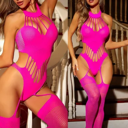 Halter Solid Fishnet Bodystockings - Image 3